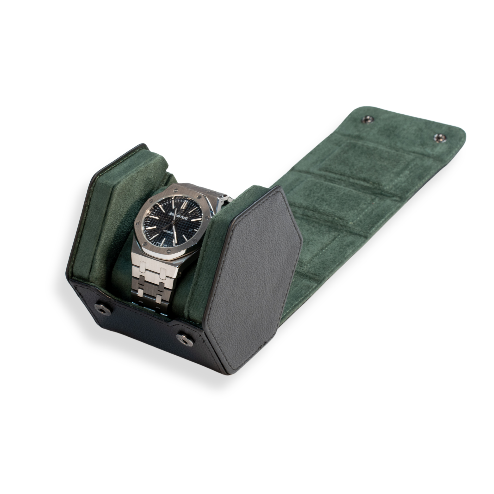 Hex Leather Watch Roll 1 Slot in Black/Green