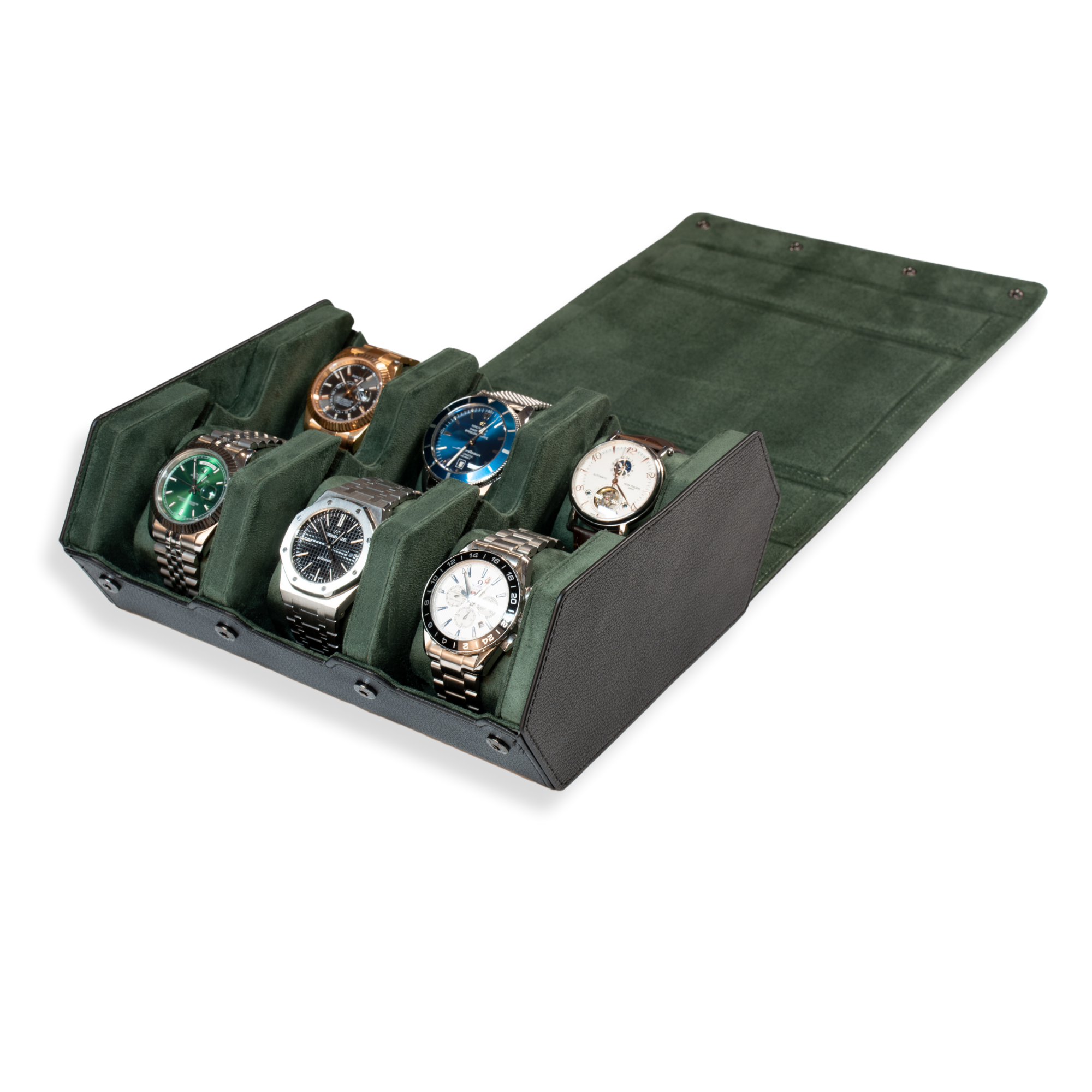 Hex Leather Watch Roll 6 Slots in Black/Green