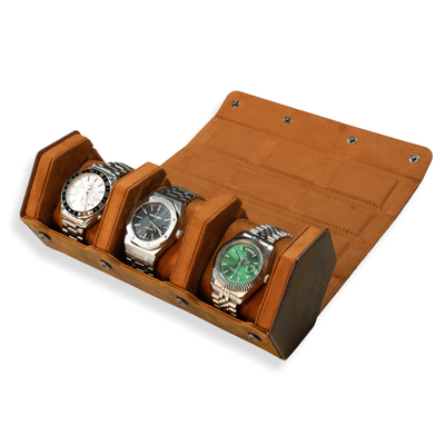 Hex Leather Watch Roll 3 Slots in Saddle Leather/Brown