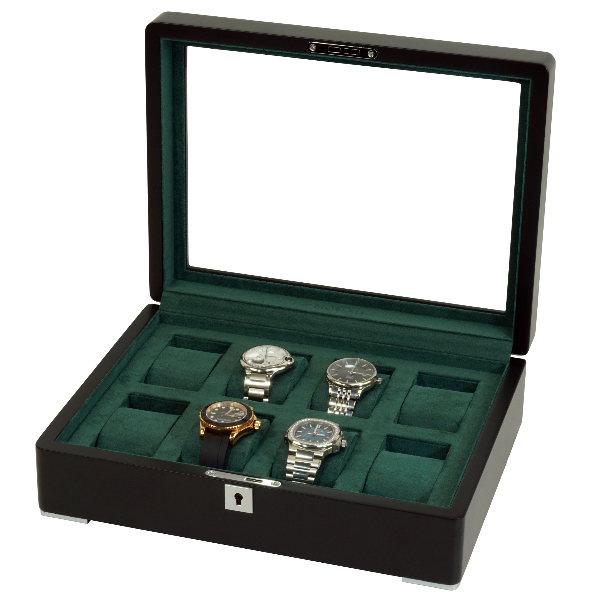 8 Slot Black Wooden Watch Box with Green Interior