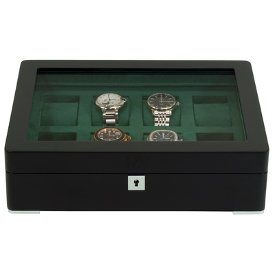 8 Slot Black Wooden Watch Box with Green Interior