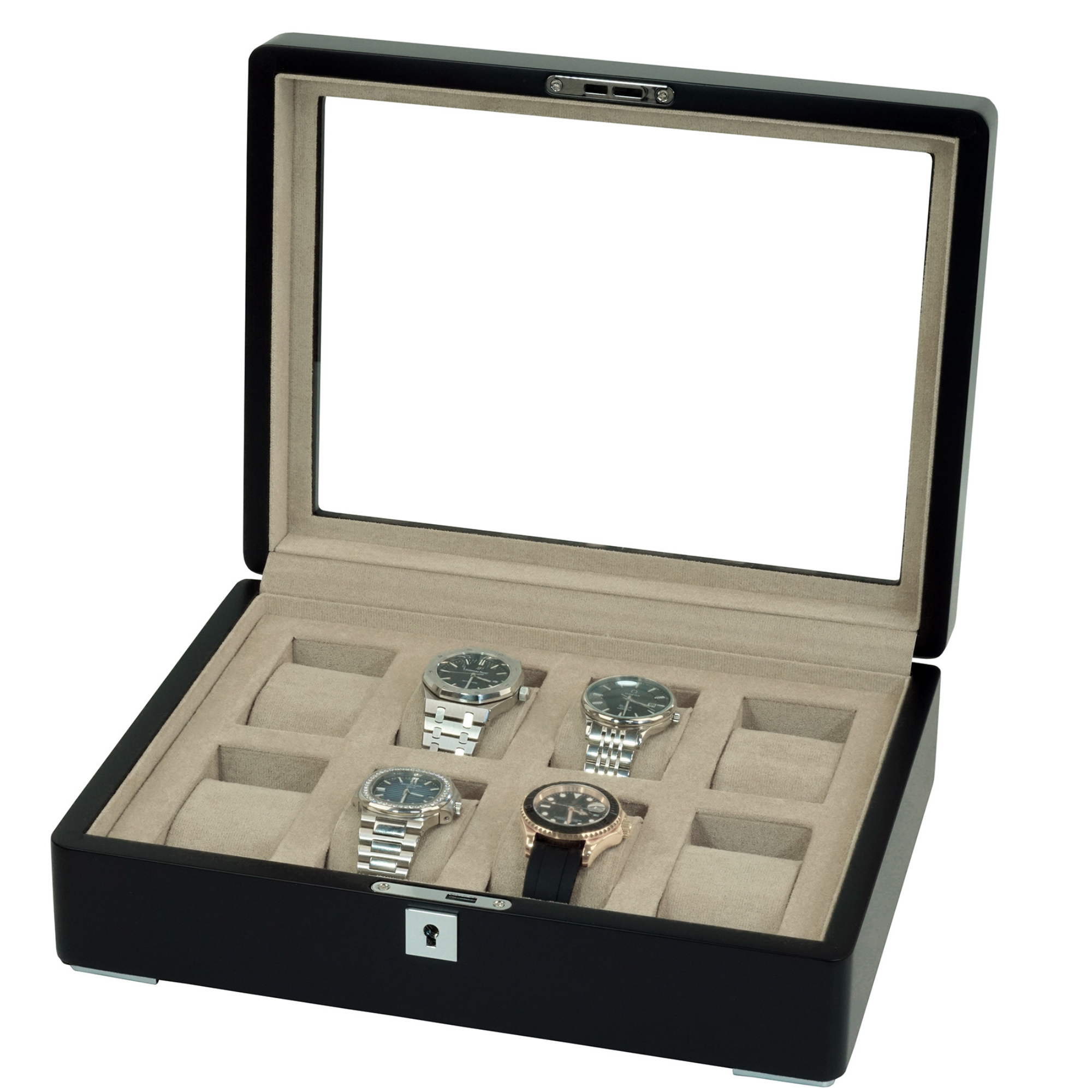 8 Slot Black Wooden Watch Box with Cream Interior