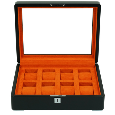 8 Slot Black Wooden Watch Box with Orange Interior