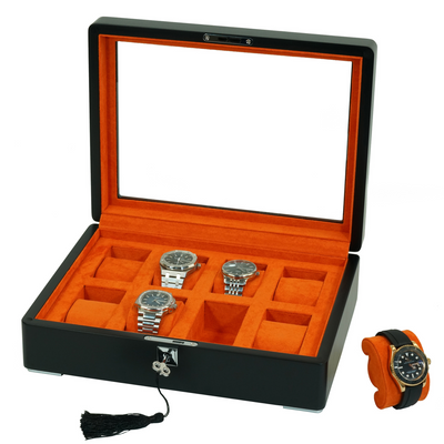 8 Slot Black Wooden Watch Box with Orange Interior