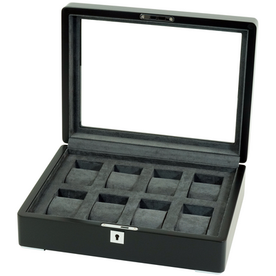 8 Slot Black Wooden Watch Box with Charcoal Interior