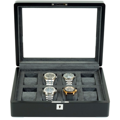 8 Slot Black Wooden Watch Box with Charcoal Interior