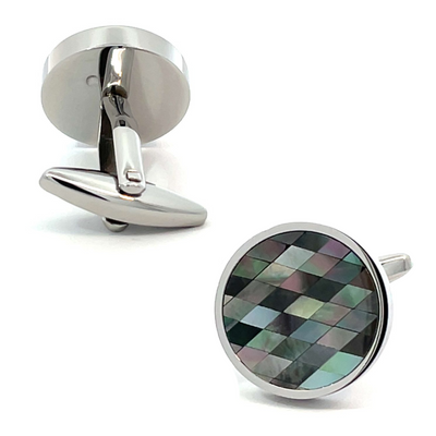 Mosaic Shell Cufflinks in Round Silver