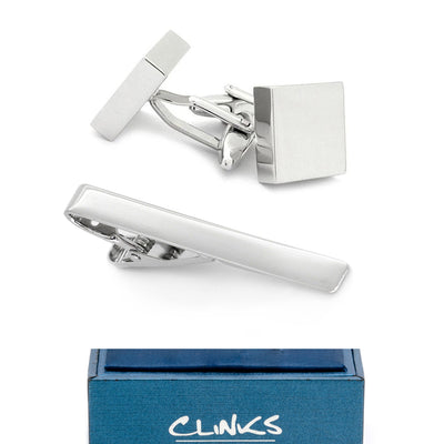 Silver Square Engravable Cufflinks & Tie Clip Set