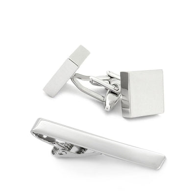 Silver Square Engravable Cufflinks & Tie Clip Set