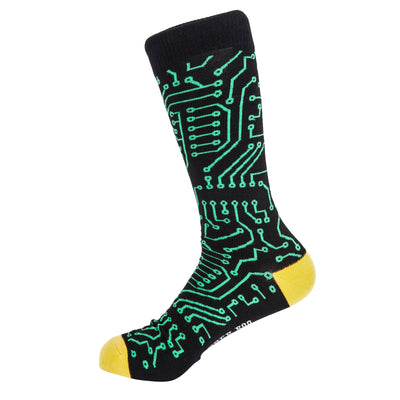 Tech Nerd Circuit Board Bamboo Socks by Dapper Roo, Tech Nerd Circuit Board Socks, Dapper Roo, Socks, Black, Yellow, Green, Bamboo, Elastane, Nylon, Elastic, SK2027, Men's Socks, Socks for Men, Clinks.com