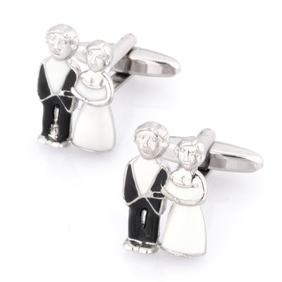 Wedding Bride Groom Couple in Black, White Silver Wedding Cufflinks